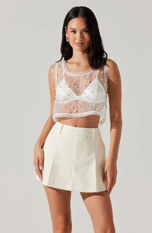 Etheos Pearl Studded Mesh Top