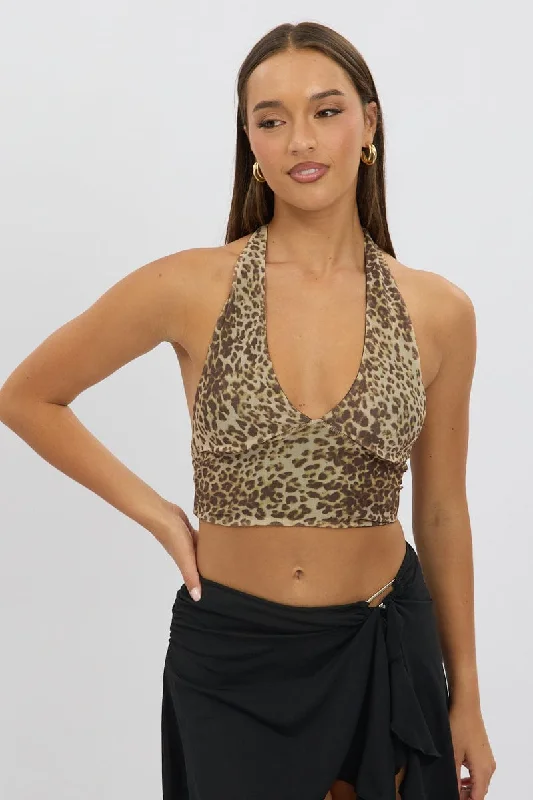 Brown Animal Print Halter Neck Top Tie Back Mesh