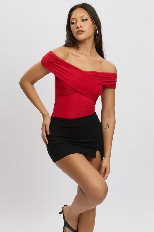 Red Off Shoulder Bodysuit Mesh