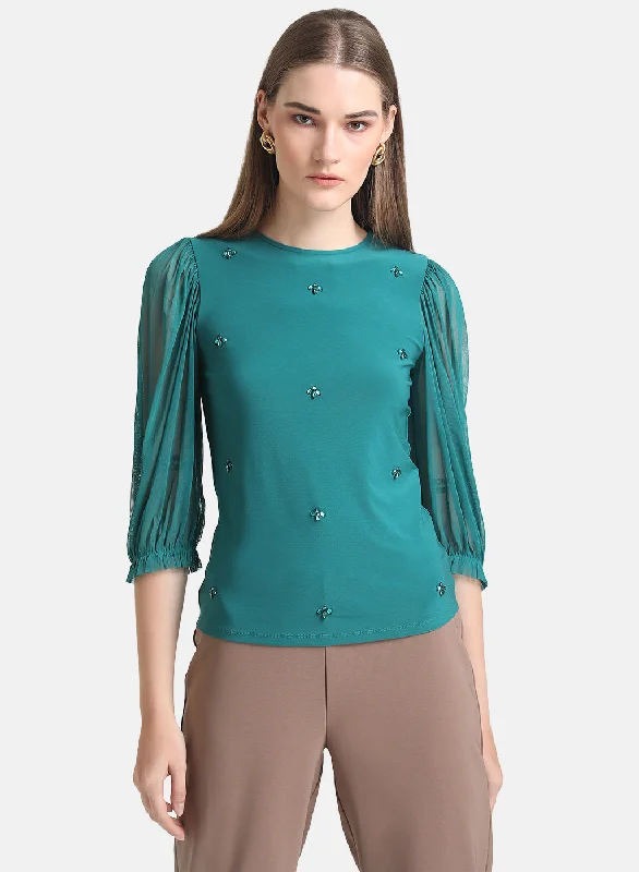 Kazo Green Embellished Top With Mesh Puff Sleeves