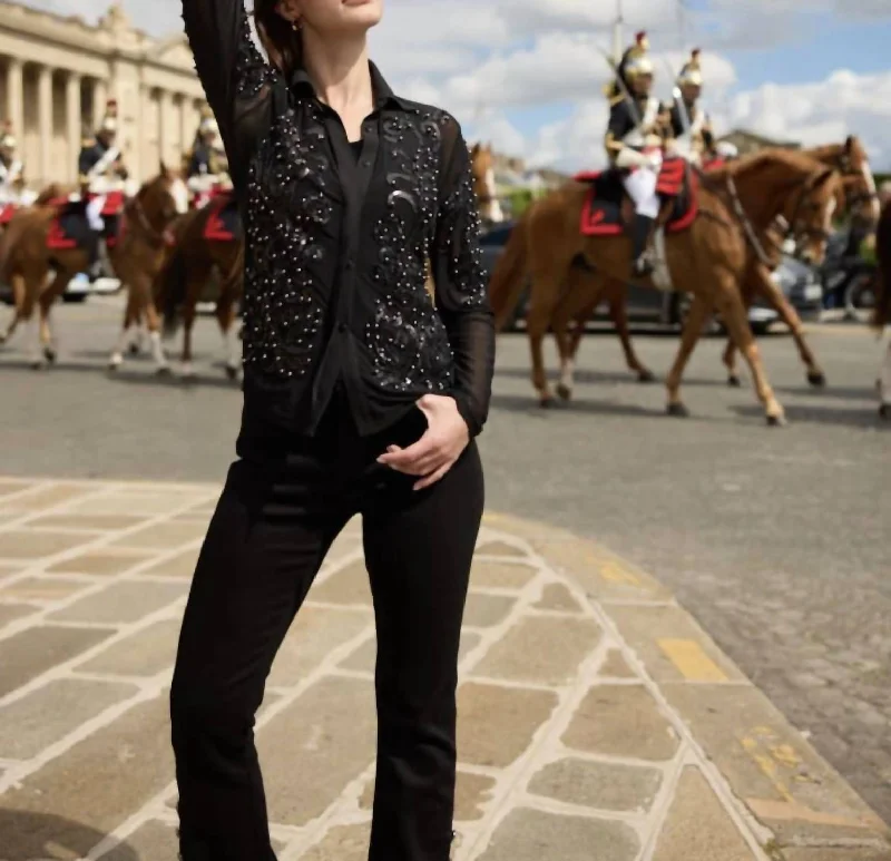 Studded Embroidered Mesh Shirt In Black