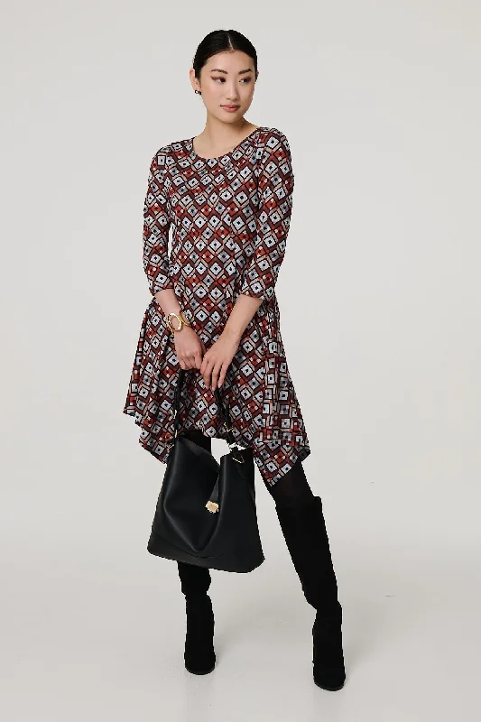 Geo Print Hanky Hem Jumper Dress