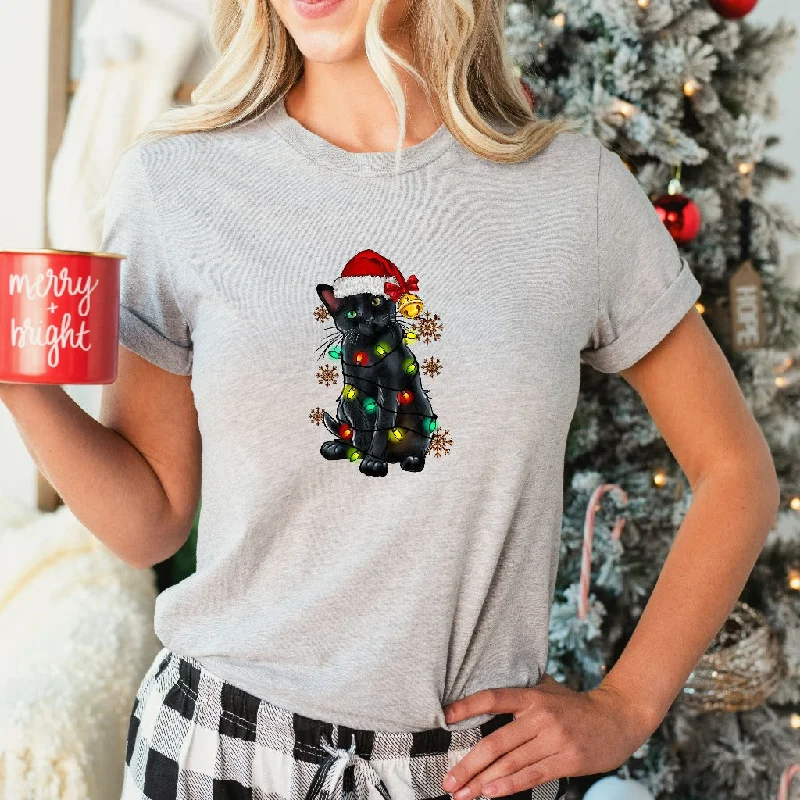 Black Cat Christmas Lights Shirt, Cat Lover TShirt, Christmas Kitten Graphic Tee, Cat Mama Holiday Outfit