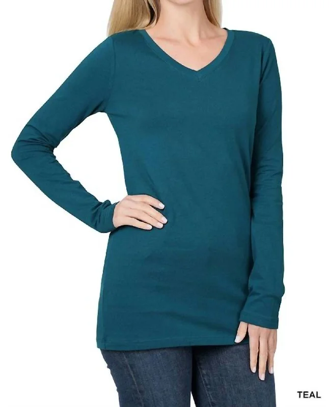 Kristy V-Neck Long Sleeve Top In Teal