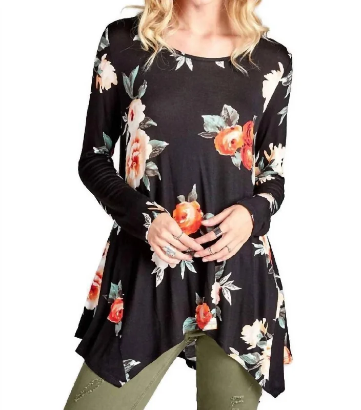 Lace Up Floral Swing Tunic In Black