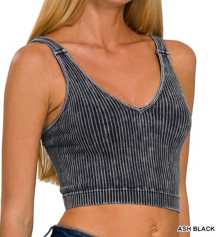 Ribbed V-Neck Cropped Top In Ash Black