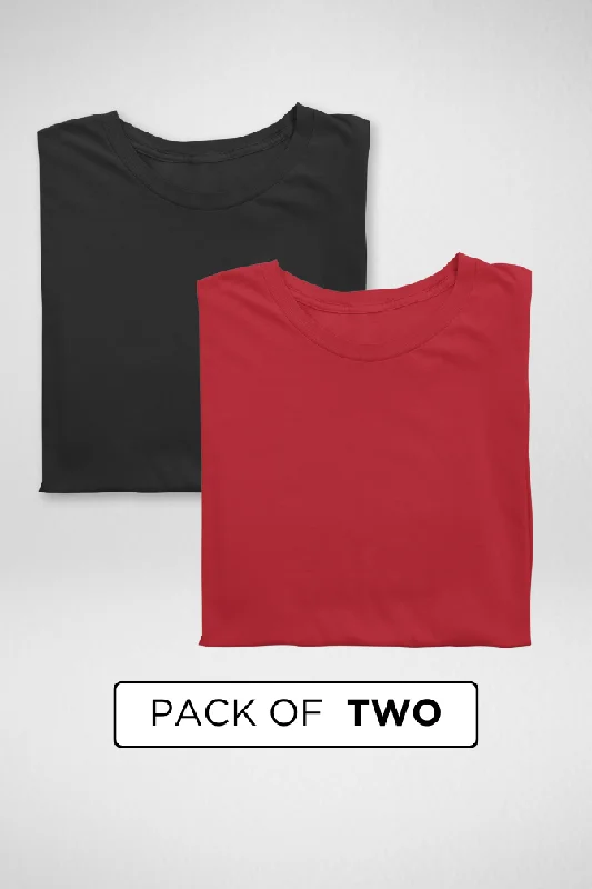 Red and Black Plain T-shirts Combo for Women