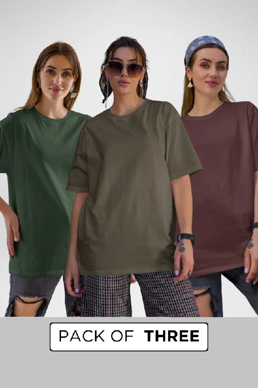 Pack Of 3 Oversized T-Shirts Olive Green Maroon and Bottle green for Women