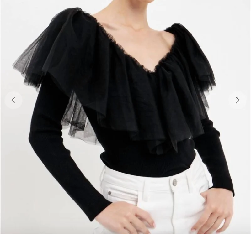 Mixed Media Mesh Ruffle Top In Black