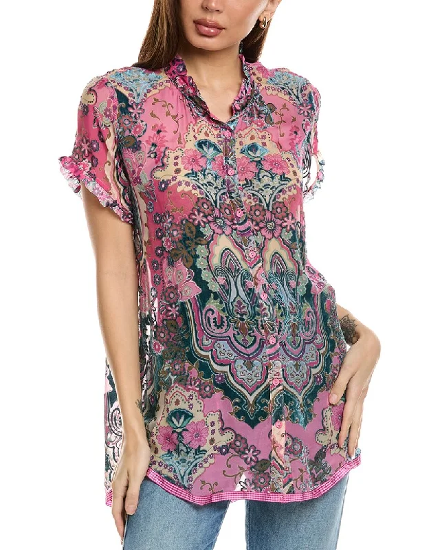 Johnny Was Zoli Tape Hem Burnout Silk-Blend Tunic