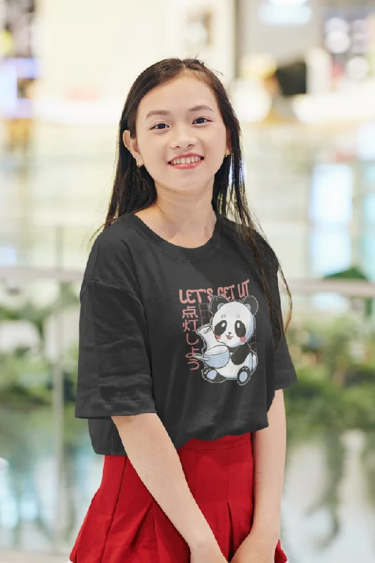 Panda With Bong Black Printed Oversized T-shirt for women