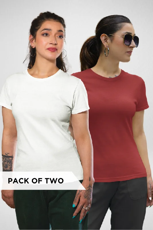 White and Red Plain T-shirts Combo for Women