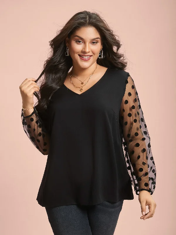 Polka Dot Sheer Mesh Sleeve Spliced Blouse