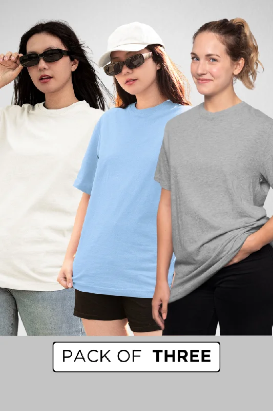 Pack Of 3 Oversized T-Shirts Grey Melange White and Baby Blue for Women