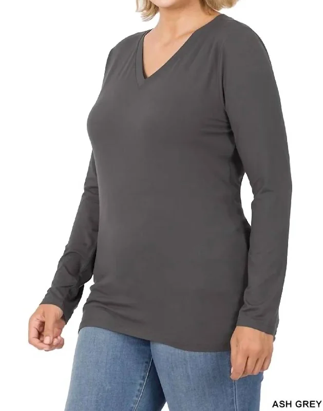 Back To Basic V-Neck Long Sleeve Tee - Plus In Gray