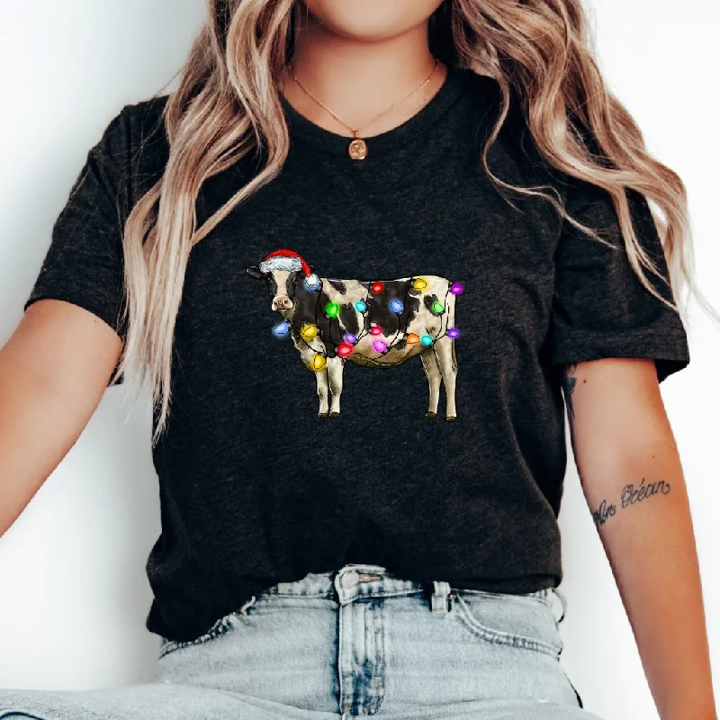 Cow Christmas Lights Shirt, Cow Lover TShirt, Christmas Cow Graphic Tee, Funny Farm Animal Shirt