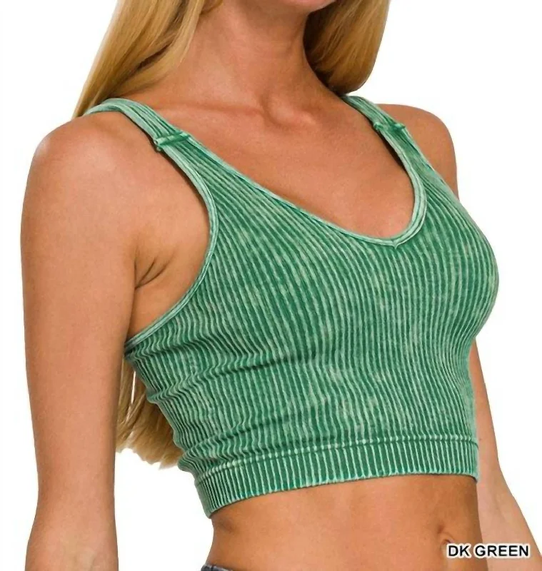 Ribbed Cropped V-Neck Tank Top In Dark Green