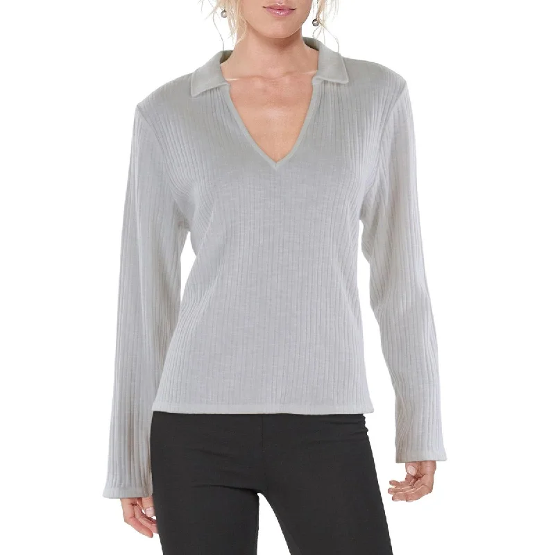 Womens Ribbed V-Neck Pullover Top