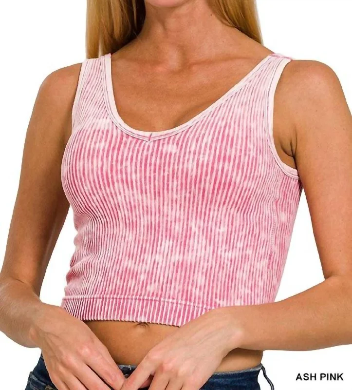 Ribbed Cropped Padded V-Neck Bra Top In Ash Pink