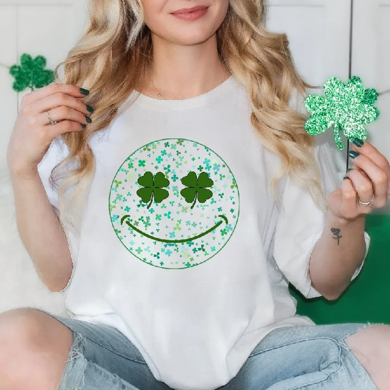 St Patrick's Day Shamrock Smile Face TShirt, Saint Patrick's Day Graphic Tee, Lucky St Patty's Day Party Outfit