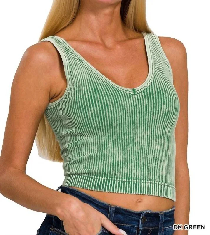 Ribbed Cropped V-Neck Bra Tank Top In Dark Green