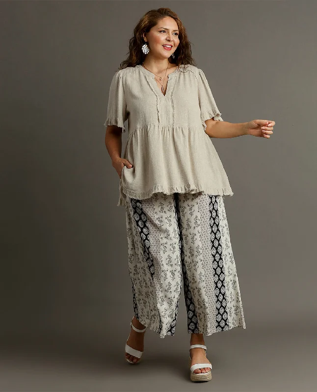 PLUS Linen V-Neck Pleated Top