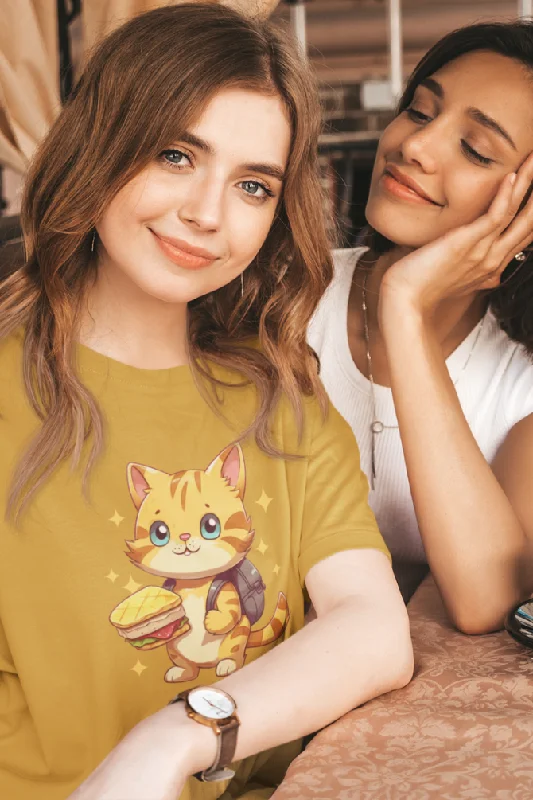 Happy Cat Lunch Mustard Yellow Printed Oversized T-shirt for women