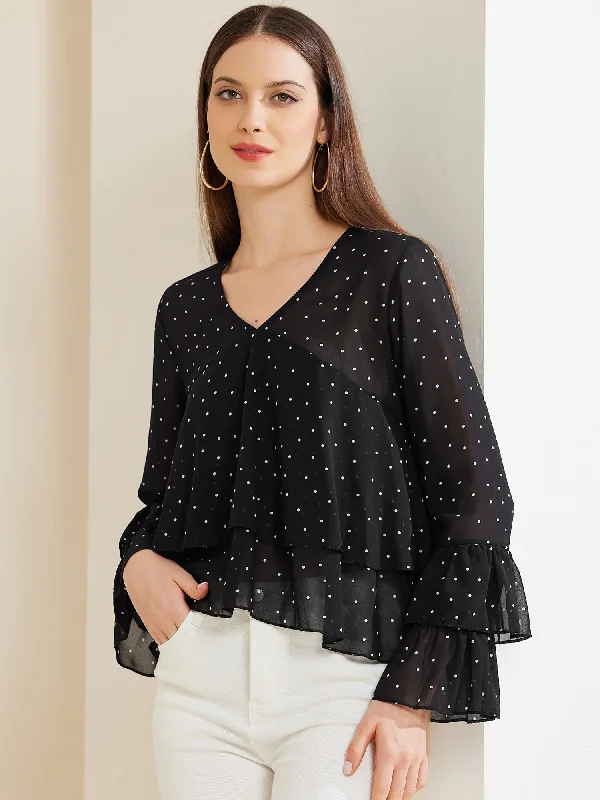 Polka Dot Mesh Long Sleeve Flouncing Casual Blouse