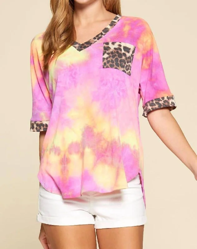 Tie-Dye V-Neck Animal Print Pocket Top In Fuchsia