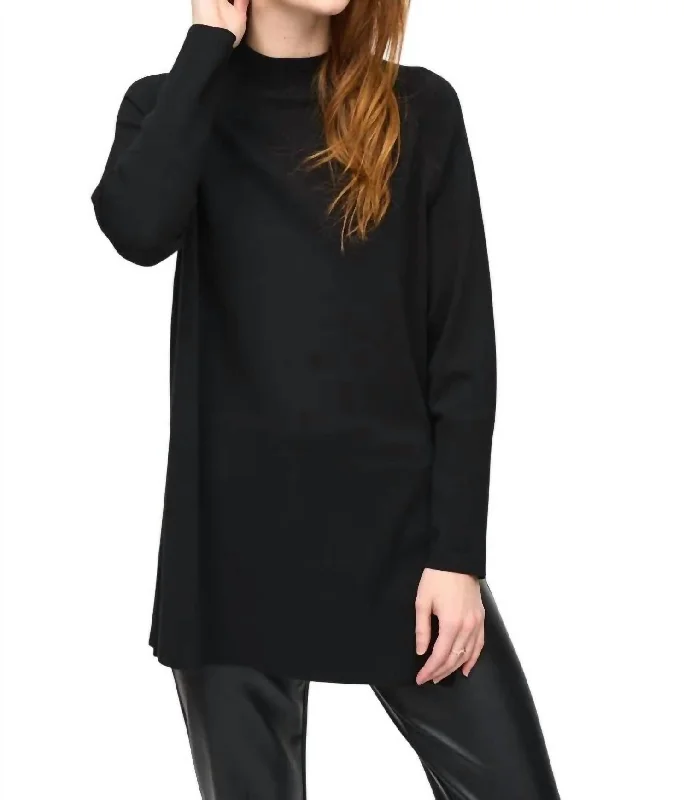 Sweater Knit Mock Neck Tunic In Black