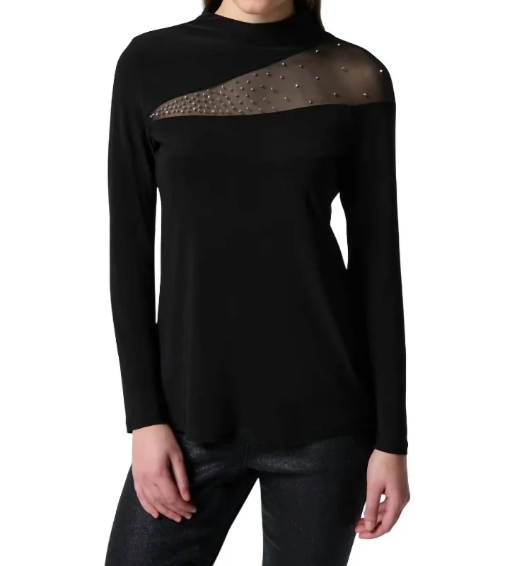 Embellished Mesh Long Sleeve Top In Black