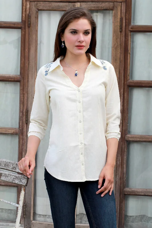 Ivory Relaxation Cotton Viscose Blend Tunic in Ivory Plastic Beads from India