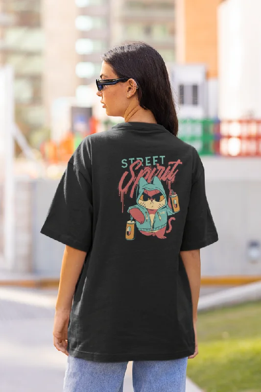 Street Cat Spirit Black Printed Oversized T-shirt for women