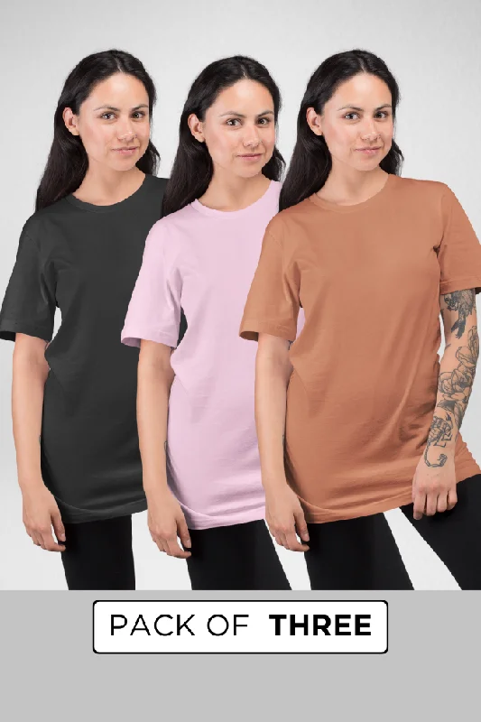 Pack Of 3 Oversized T-Shirts Black Coral and Light Pink for Women