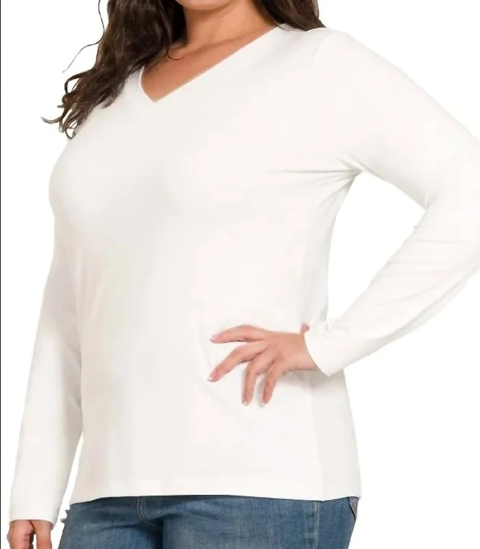 Back To Basic V-Neck Long Sleeve Tee - Plus In White