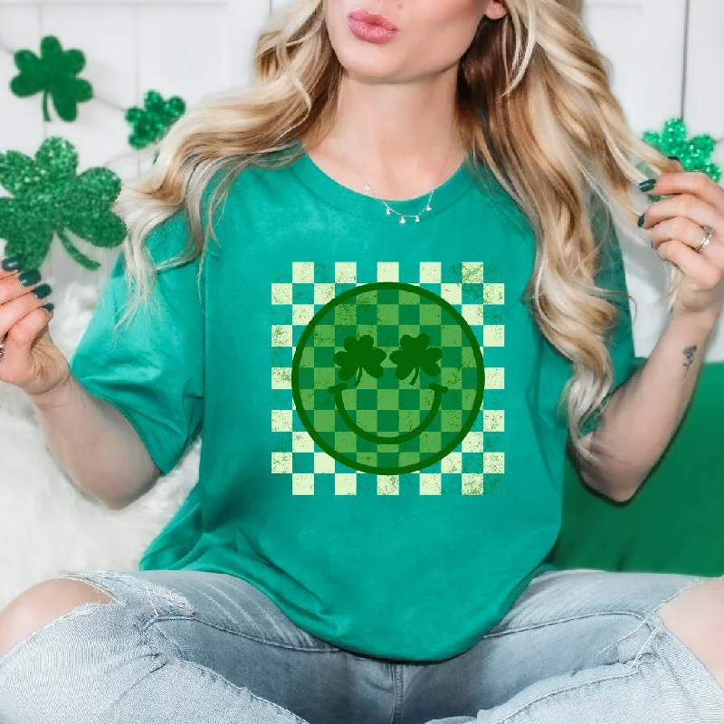 Checker Smiley Face St Patricks Shirt, Distressed St Patricks Day TShirt, Shamrock Happy Graphic Tee