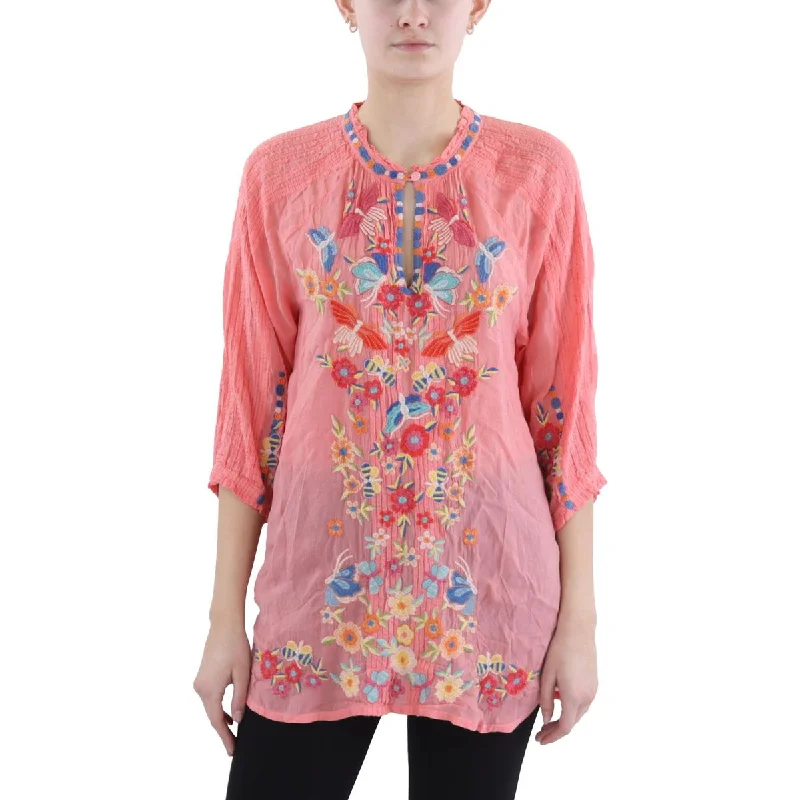 Womens Embroidered Pleated Tunic Top