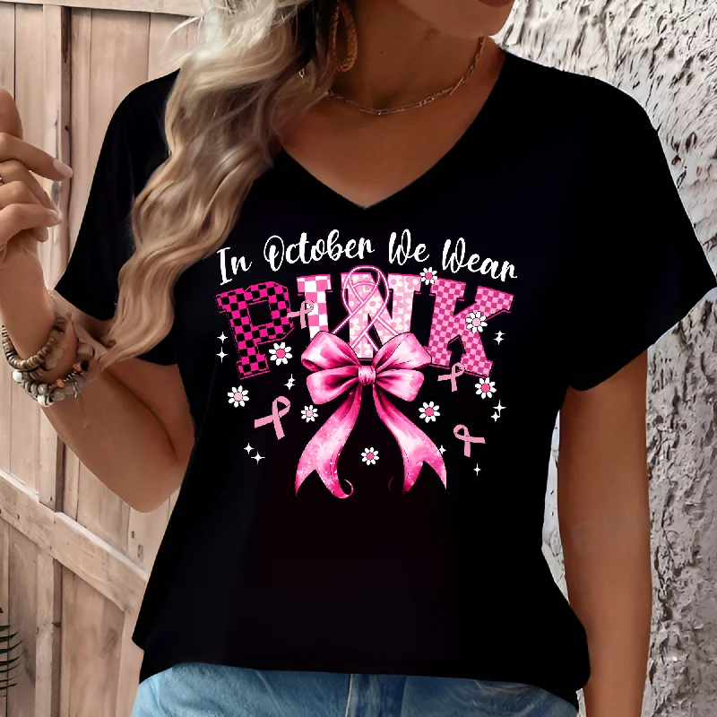 Women's T Shirt - In October We Wear Pink Pink Bow Cancer - 6-15