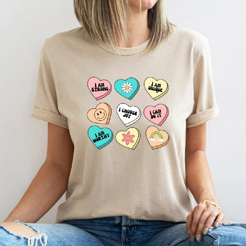 Positive Affirmations Shirt, Teacher Valentine TShirt, Candy Heart Graphic Tee, Inspirational Valentines Day Tee