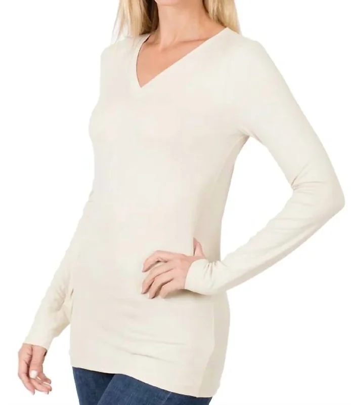 Back To Basic V-Neck Long Sleeve In Sand Beige