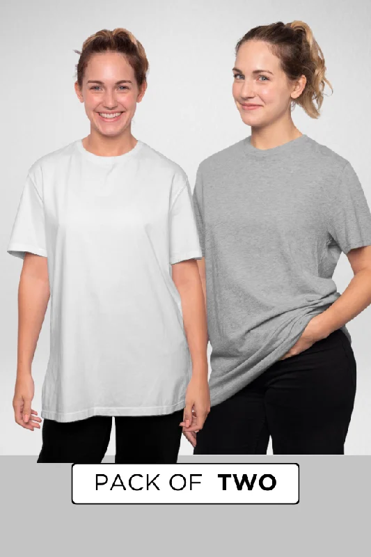 Grey Melange and White Oversized T-Shirts Combo for Women