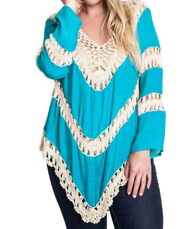 Bohemian Lacy Crochet Trim Tunic In Teal