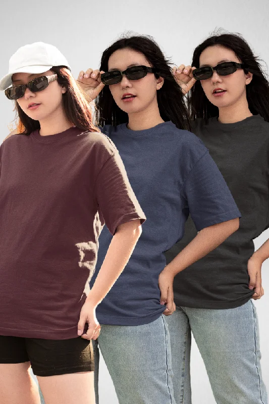 Pack Of 3 Oversized T-Shirts Black Maroon and Navy Blue for Women