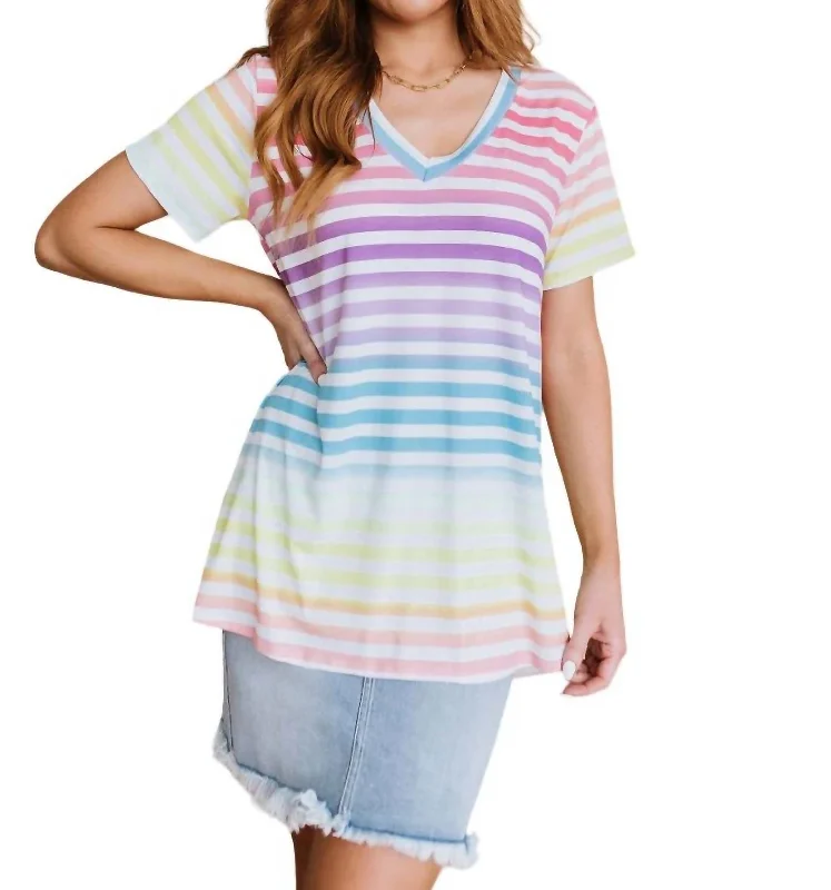 Looking For Rainbows V-Neck Striped Top In Ombre Rainbow Stripe