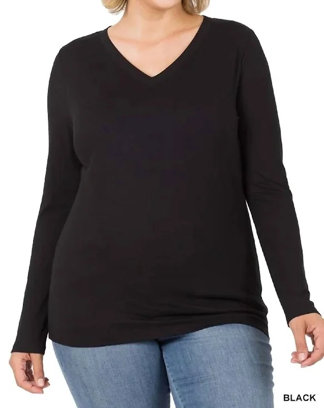 Back To Basic V-Neck Long Sleeve Tee - Plus In Black