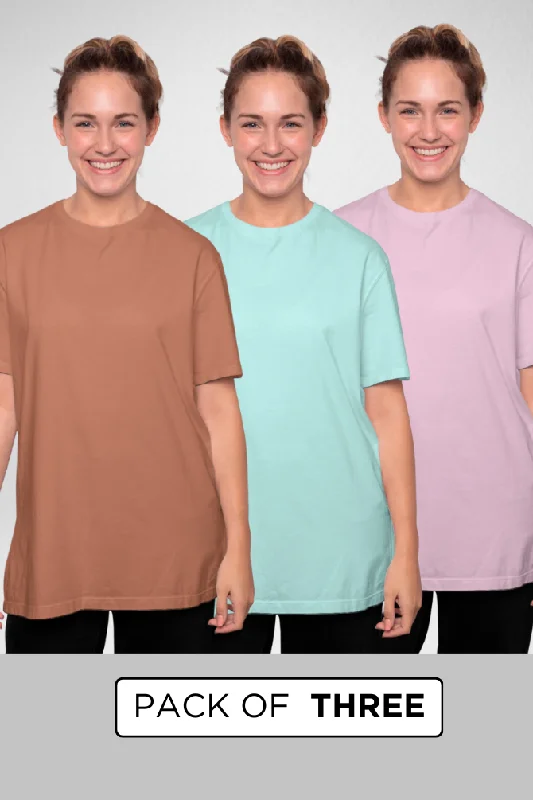 Pack Of 3 Oversized T-Shirts Mint Coral and Light Pink for Women