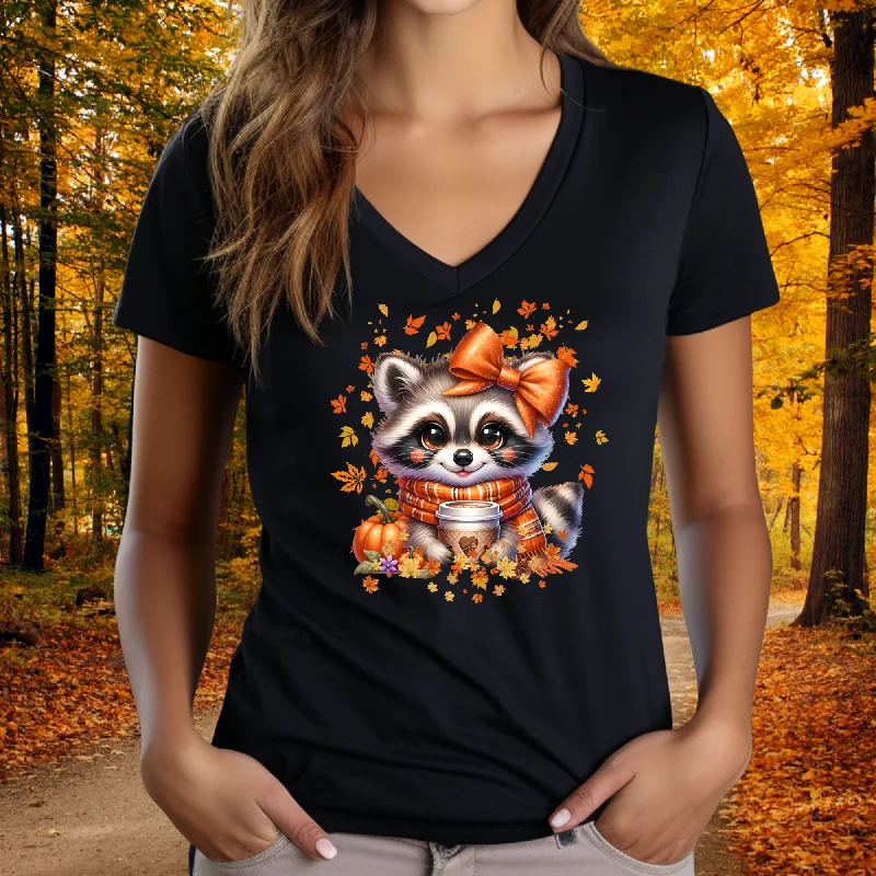 Women's V Neck Shirt -Cute fall Racoon 10-31