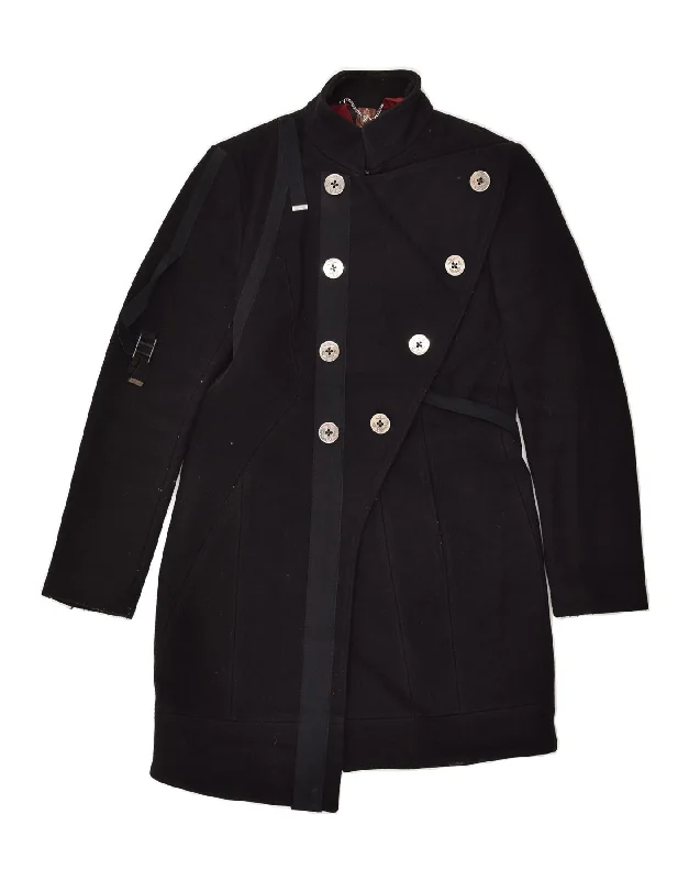 DONDUP Womens Double Breasted Coat IT 42 Medium Black Wool