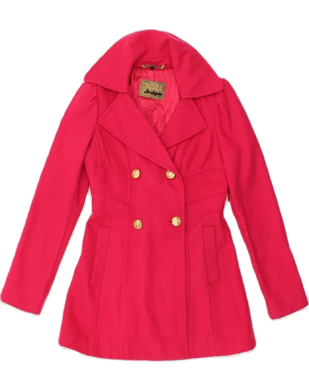 GUESS Womens Double Breasted Coat UK 10 Small Pink Wool