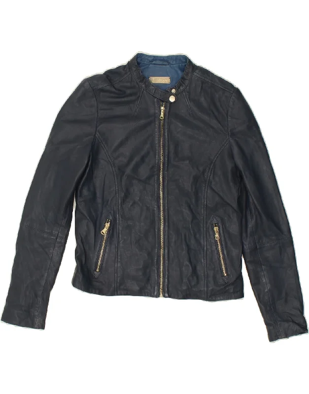 MASSIMO DUTTI Womens Bomber Leather Jacket UK 12 Medium Navy Blue Leather